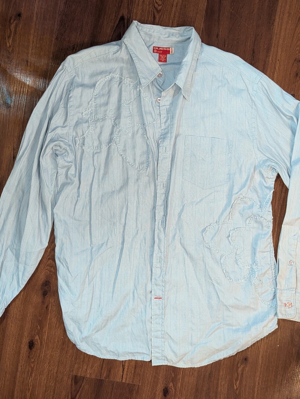 Guess Vintage 2000s Light Blue Floral Detail Stitch Button Up, Men's 2XL